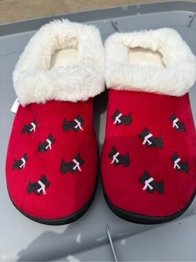 Charter Club Red Faux-Fur Collared Slip-On Slippers with Black Dog Embroidery